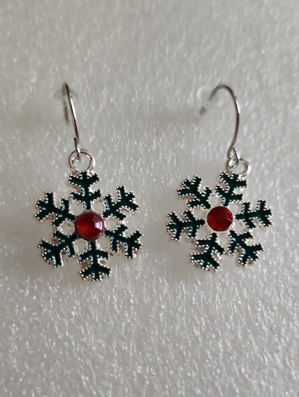Hand Crafted Green Snowflake Earrings with Red Gem Center